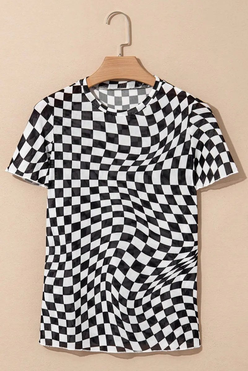T-Shirts Love Salve Black Checker Mesh Women's Fashion Daily Top: Sheer, Casual T-Shirt