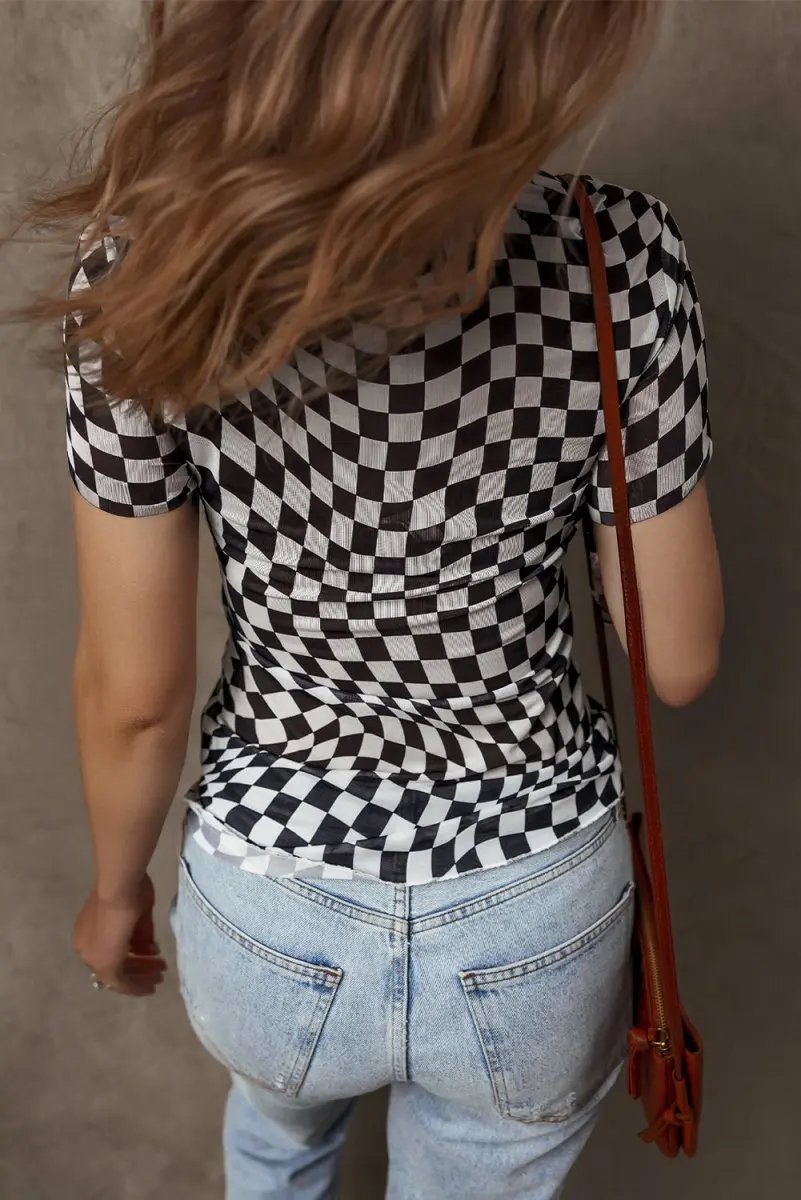 T-Shirts Love Salve Black Checker Mesh Women's Fashion Daily Top: Sheer, Casual T-Shirt