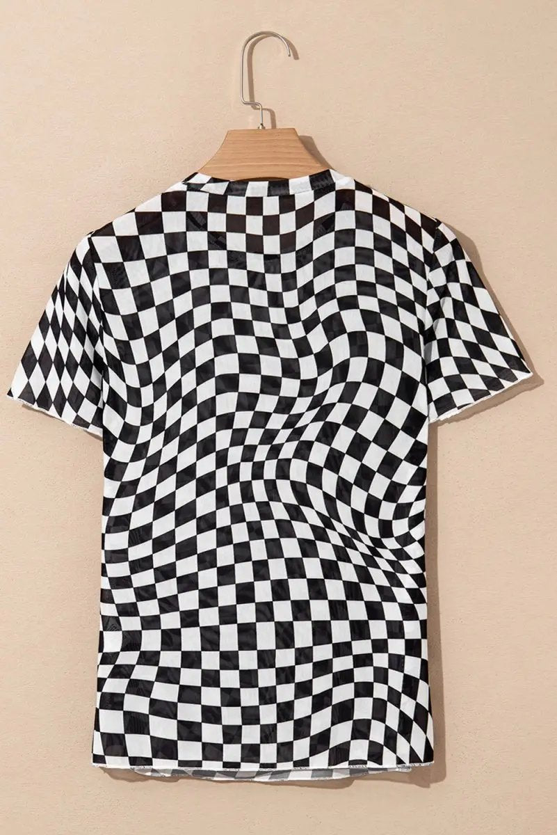 T-Shirts Love Salve Black Checker Mesh Women's Fashion Daily Top: Sheer, Casual T-Shirt