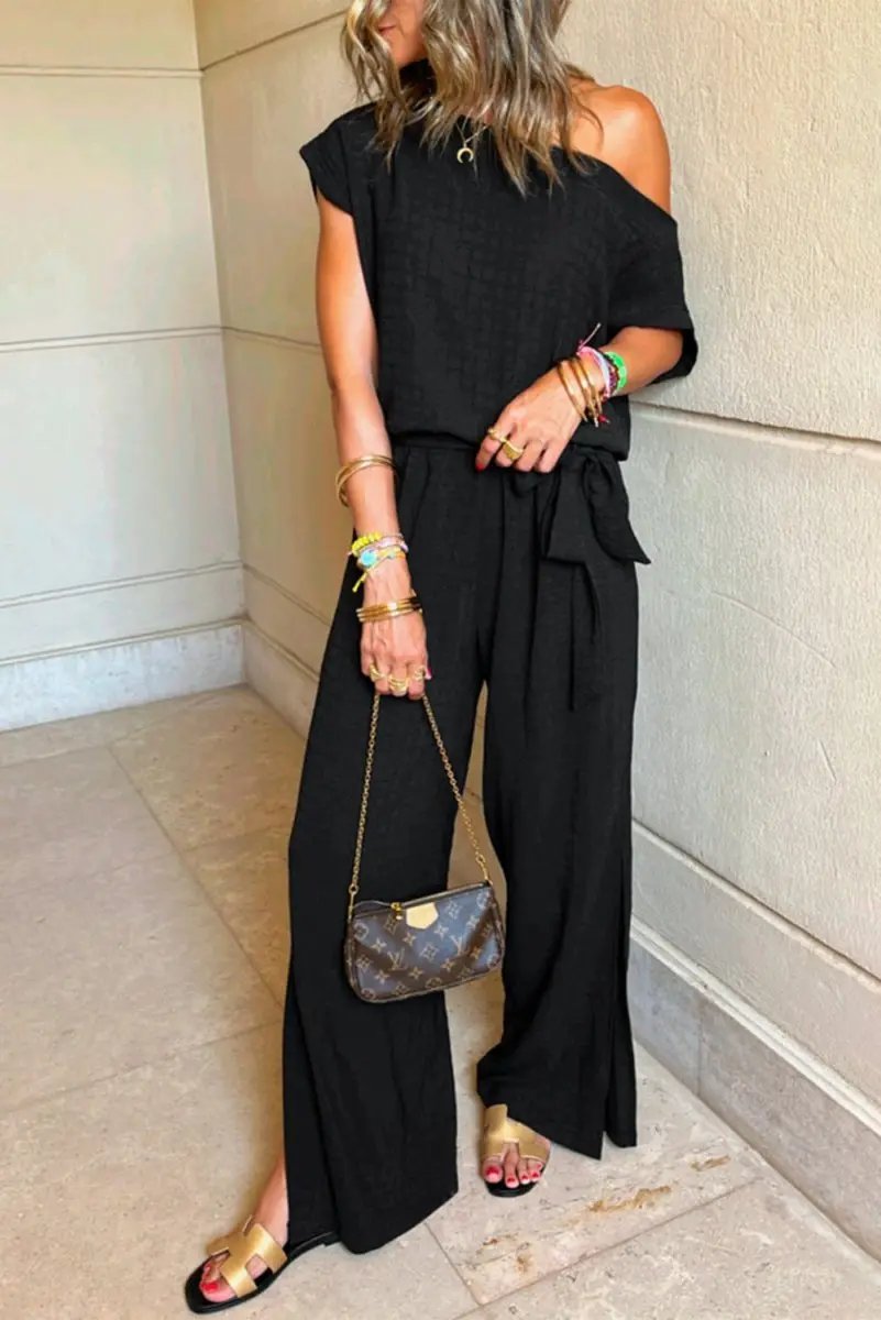 Accessories Love Salve Black Checkered Jumpsuit Women's Daily Casual Wide Leg One-Shoulder Mesh Summer