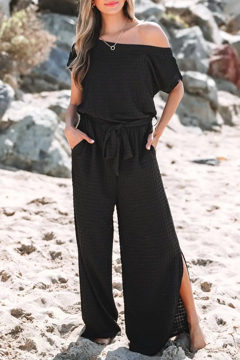 Accessories Love Salve Black Checkered Jumpsuit Women's Daily Casual Wide Leg One-Shoulder Mesh Summer