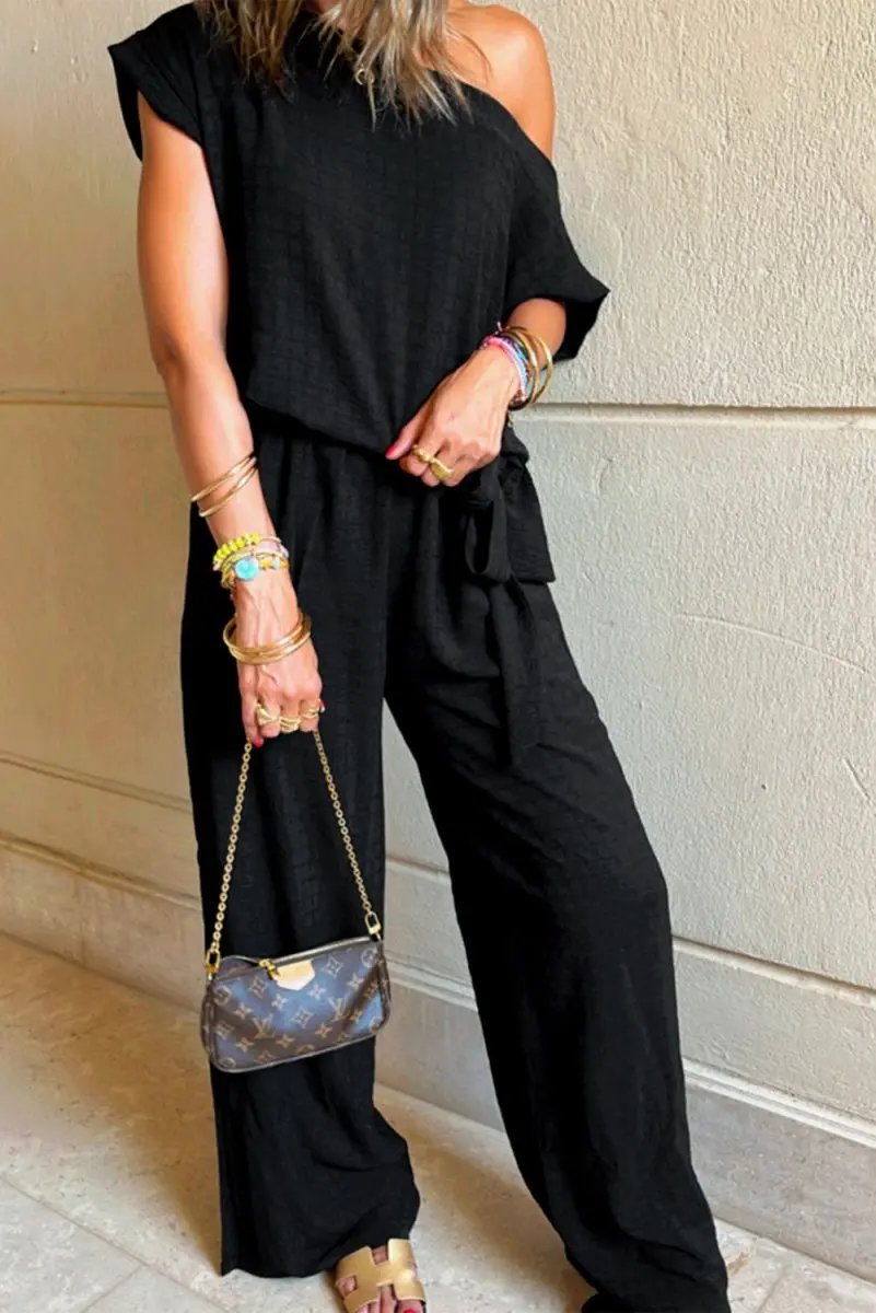Accessories Love Salve Black Checkered Jumpsuit Women's Daily Casual Wide Leg One-Shoulder Mesh Summer