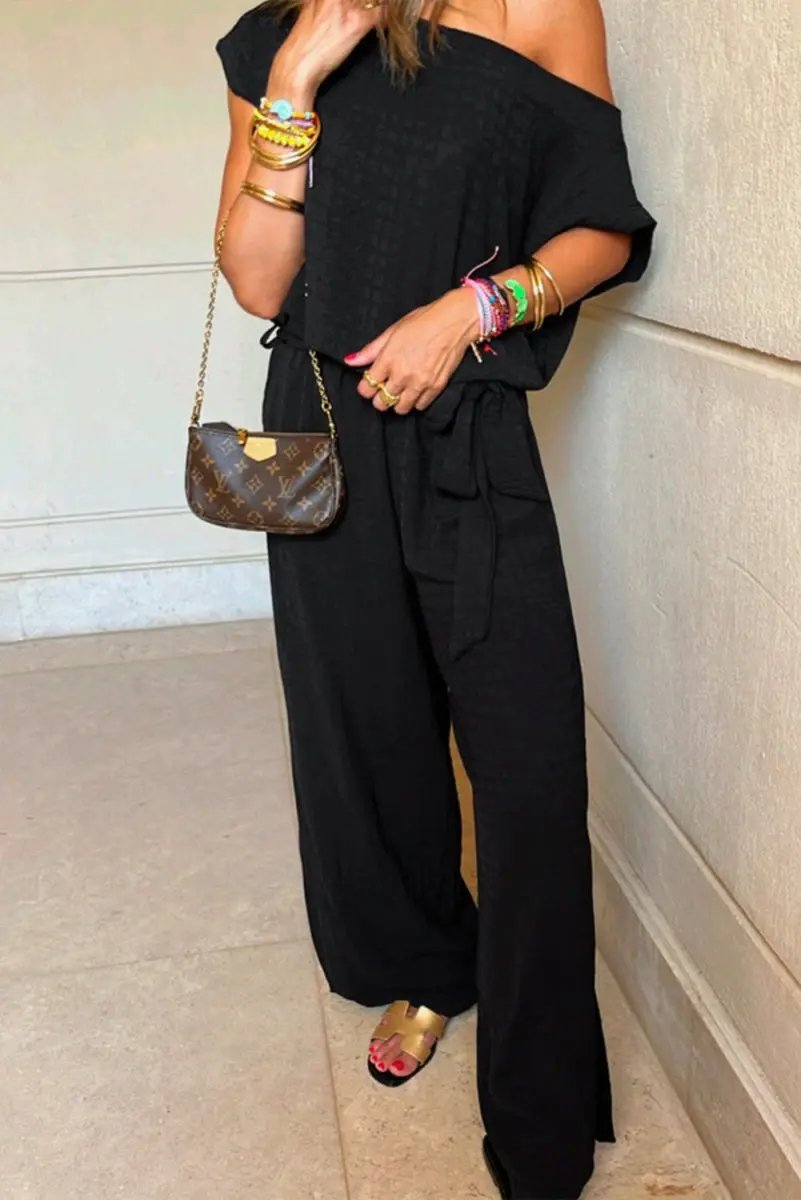 Accessories Love Salve Black Checkered Jumpsuit Women's Daily Casual Wide Leg One-Shoulder Mesh Summer