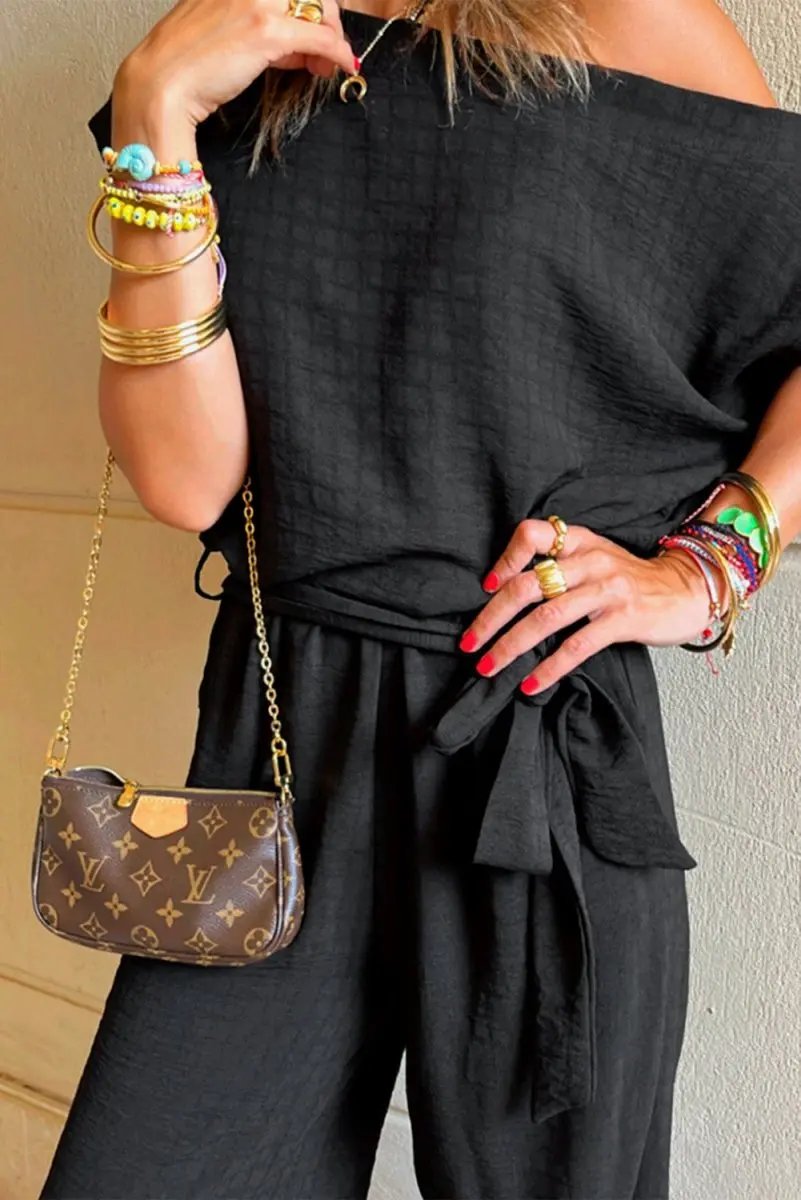 Accessories Love Salve Black Checkered Jumpsuit Women's Daily Casual Wide Leg One-Shoulder Mesh Summer