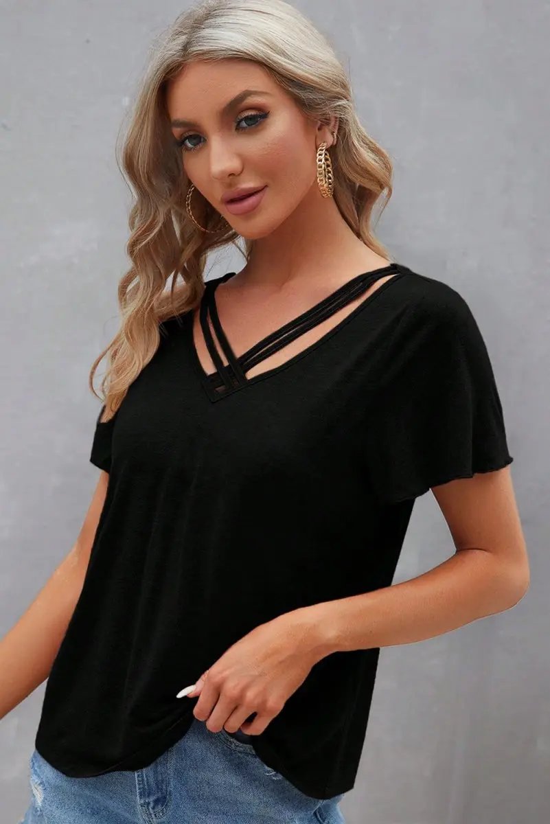 T-Shirts Love Salve Black Crisscross V-Neck Women's Butterfly Sleeve Tee: Chic & Comfy T-Shirt