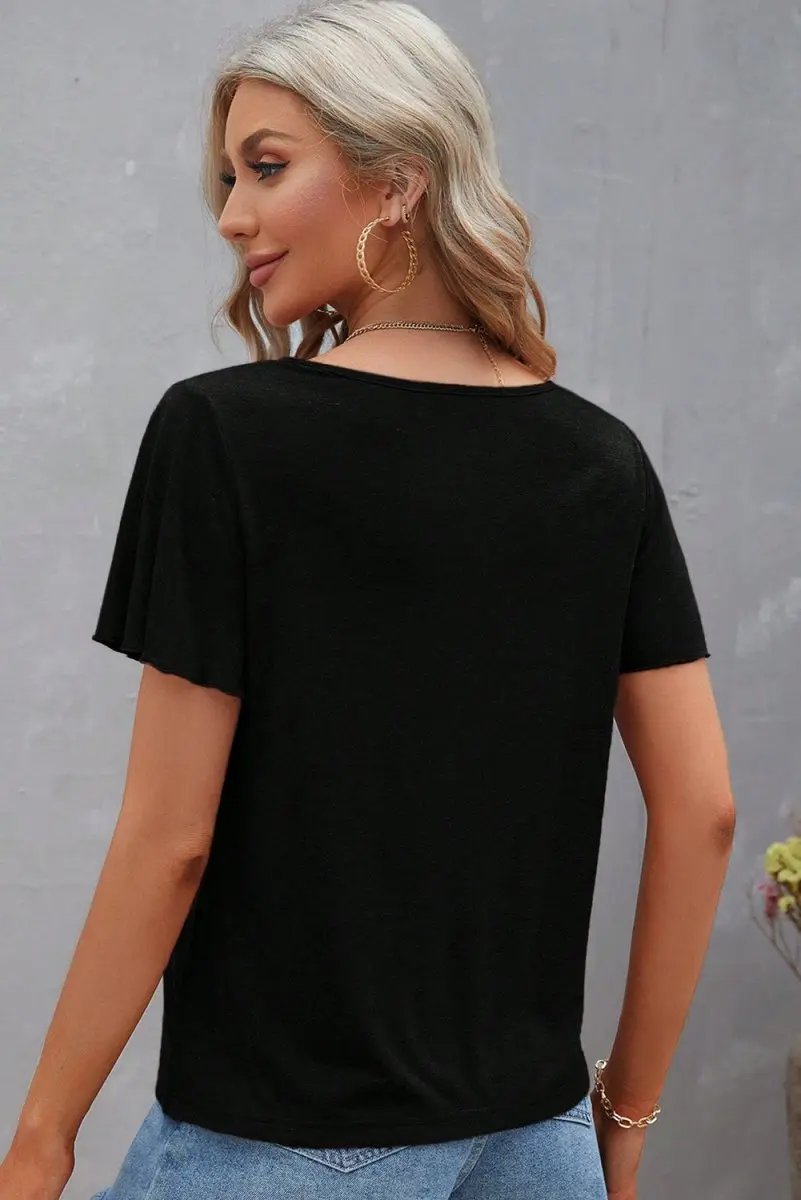 T-Shirts Love Salve Black Crisscross V-Neck Women's Butterfly Sleeve Tee: Chic & Comfy T-Shirt