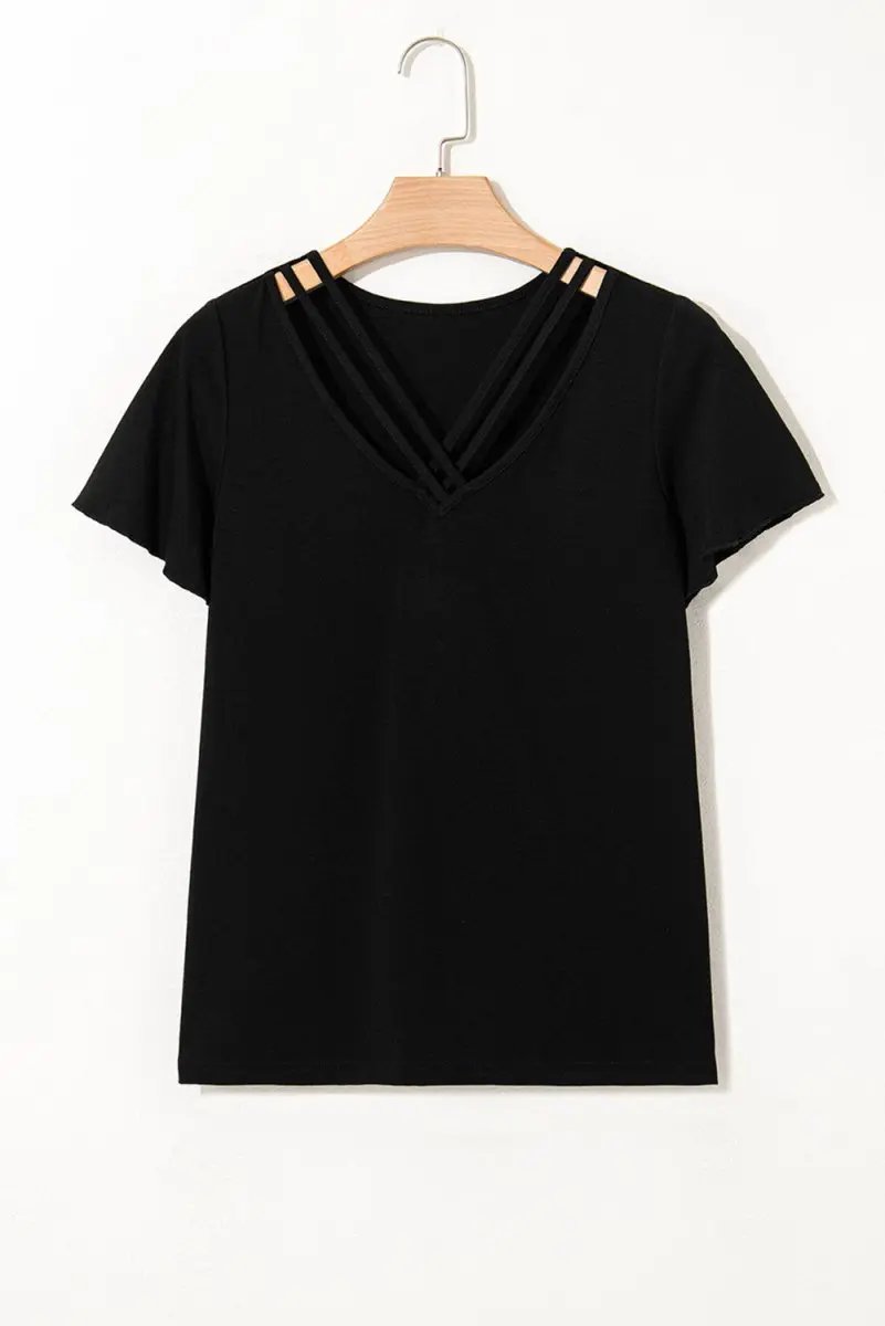 T-Shirts Love Salve Black Crisscross V-Neck Women's Butterfly Sleeve Tee: Chic & Comfy T-Shirt