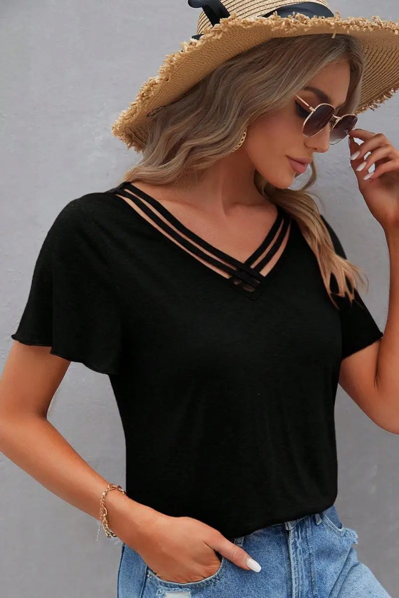 T-Shirts Love Salve Black Crisscross V-Neck Women's Butterfly Sleeve Tee: Chic & Comfy T-Shirt