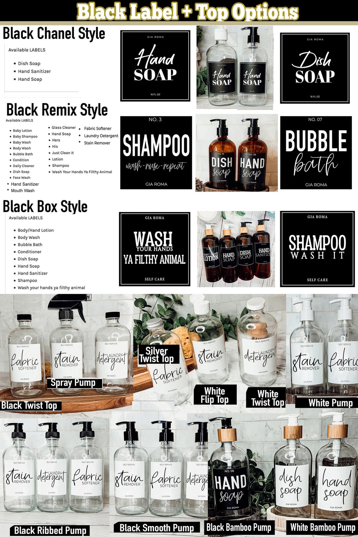16oz Clear Glass Soap Bottle Refillable Boston Round With Black Label