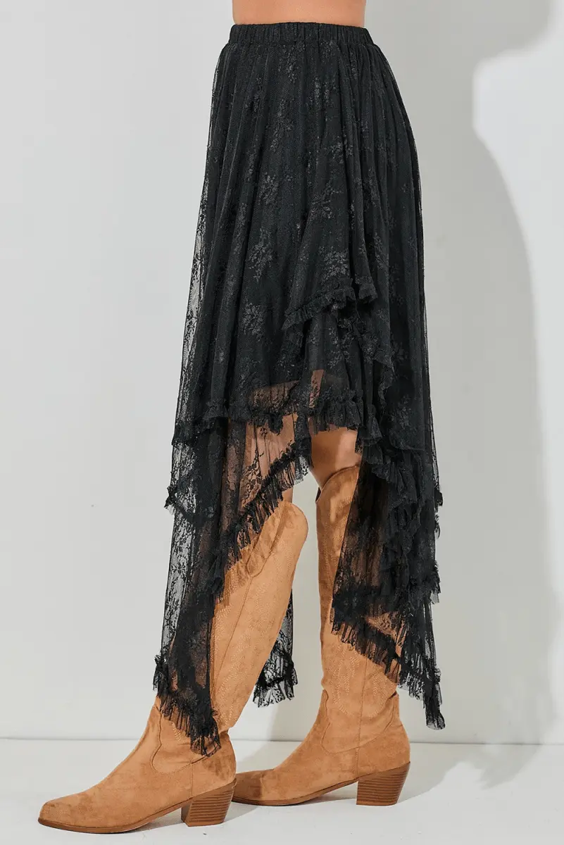 Accessories Love Salve Black Lace Maxi Skirt Women's Rock/Western Style Tiered Skirt - High Waist, Spring