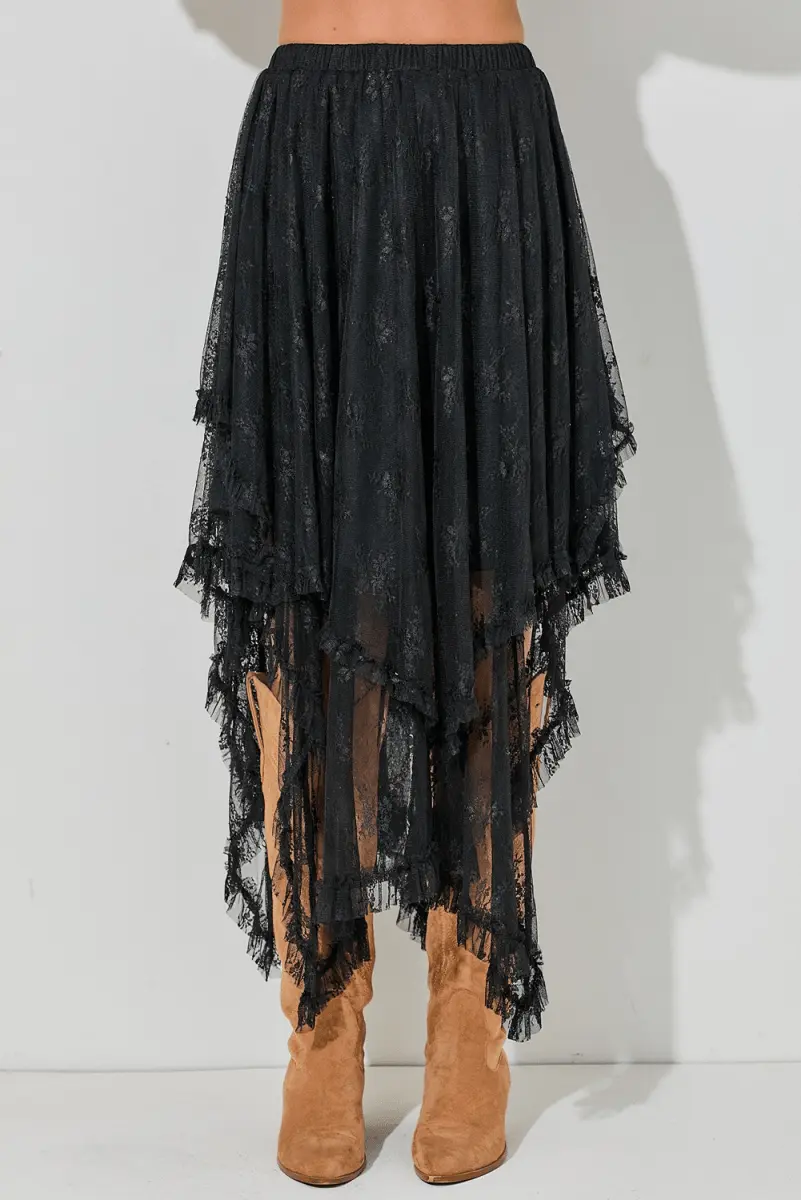 Accessories Love Salve Black Lace Maxi Skirt Women's Rock/Western Style Tiered Skirt - High Waist, Spring