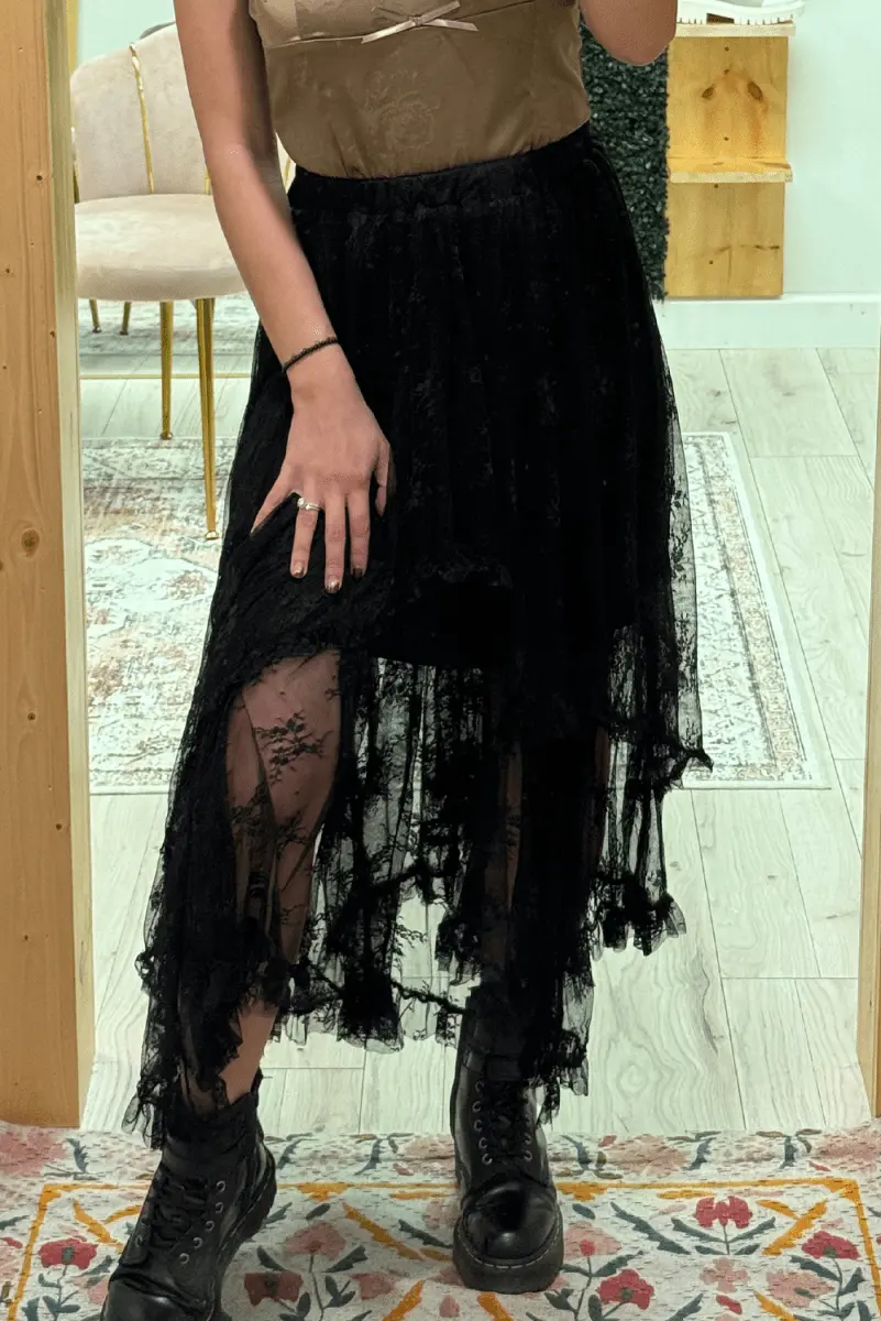 Accessories Love Salve Black Lace Maxi Skirt Women's Rock/Western Style Tiered Skirt - High Waist, Spring