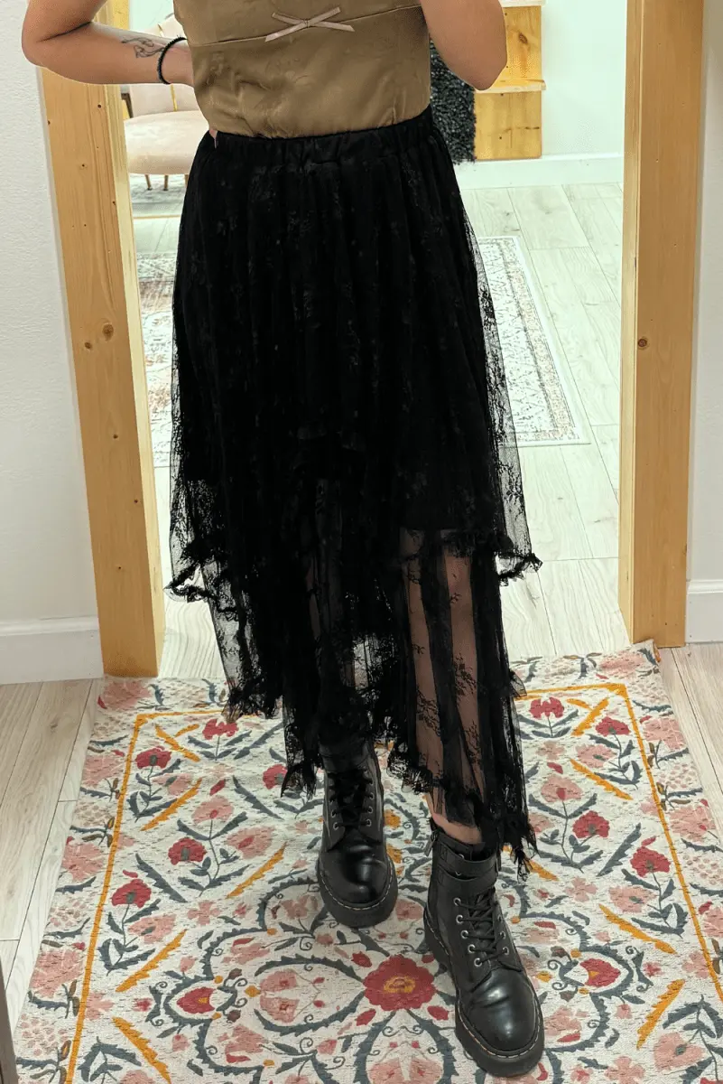Accessories Love Salve Black Lace Maxi Skirt Women's Rock/Western Style Tiered Skirt - High Waist, Spring