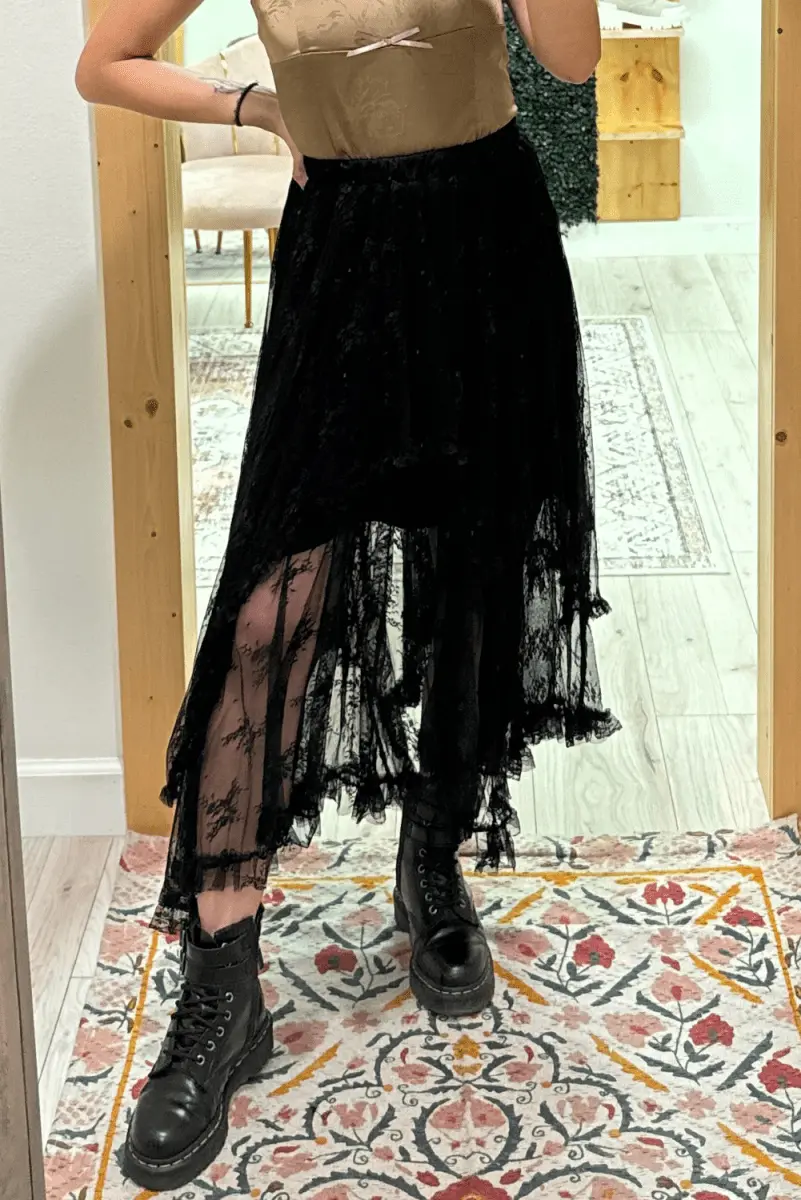 Accessories Love Salve Black Lace Maxi Skirt Women's Rock/Western Style Tiered Skirt - High Waist, Spring