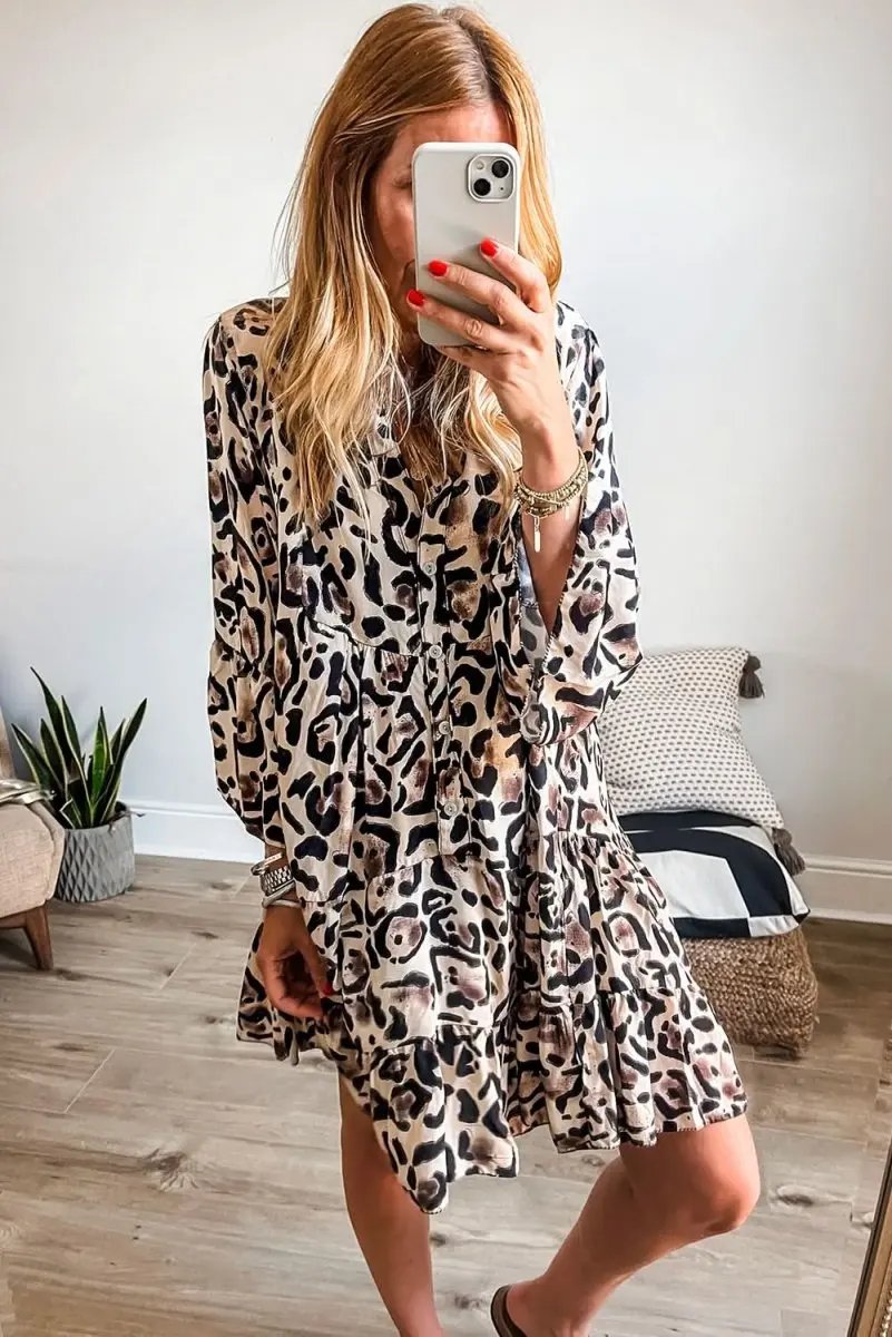 Dresses Love Salve Leopard Dress Women's Daily Spring A-Line Mini Dress Ruffle Hem, Button Front