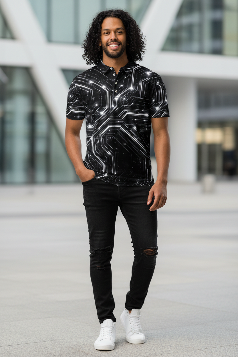 Glitched Circuitry Polo | Black White Tech Pattern Slim Fit