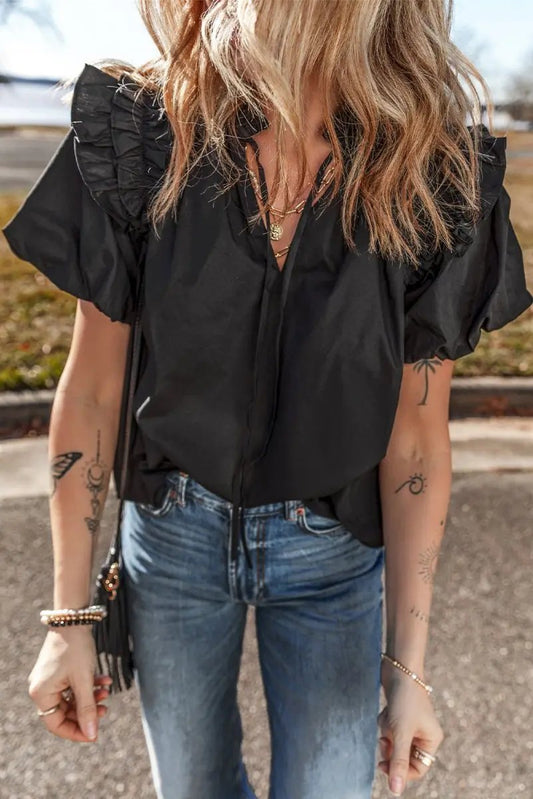 Tops/Blusas y Camisas Love Salve Blusa Negra con Volantes Top Diario de Algodón y Lino para Mujer: Manga Abullonada, Southern Belle