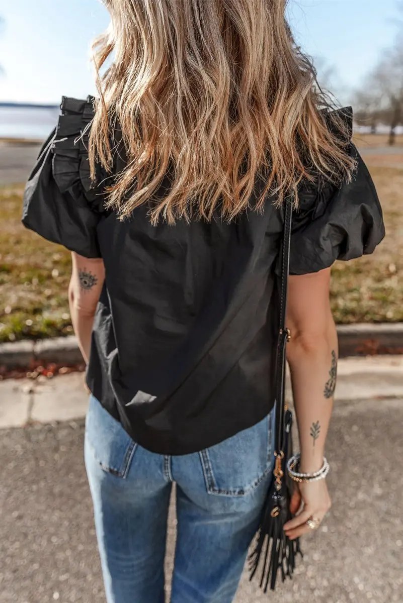 Tops/Blouses & Shirts Love Salve Black Ruffle Blouse Women's Daily Cotton Linen Top: Puff Sleeve, Southern Belle