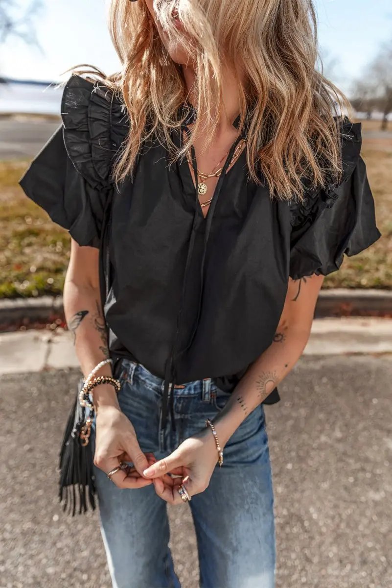 Tops/Blouses & Shirts Love Salve Black Ruffle Blouse Women's Daily Cotton Linen Top: Puff Sleeve, Southern Belle
