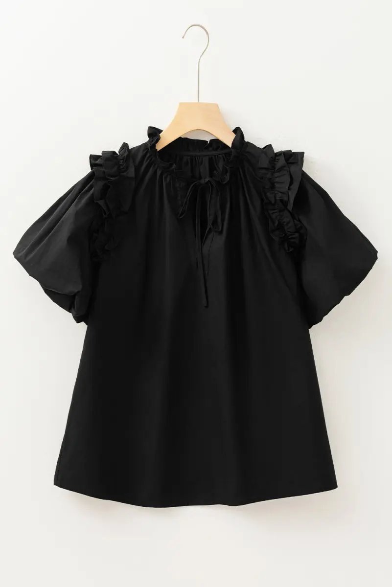 Tops/Blouses & Shirts Love Salve Black Ruffle Blouse Women's Daily Cotton Linen Top: Puff Sleeve, Southern Belle