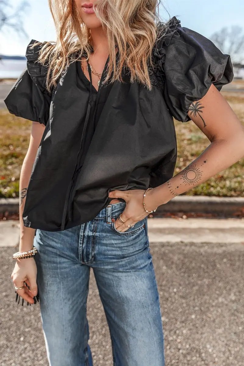 Tops/Blouses & Shirts Love Salve Black Ruffle Blouse Women's Daily Cotton Linen Top: Puff Sleeve, Southern Belle