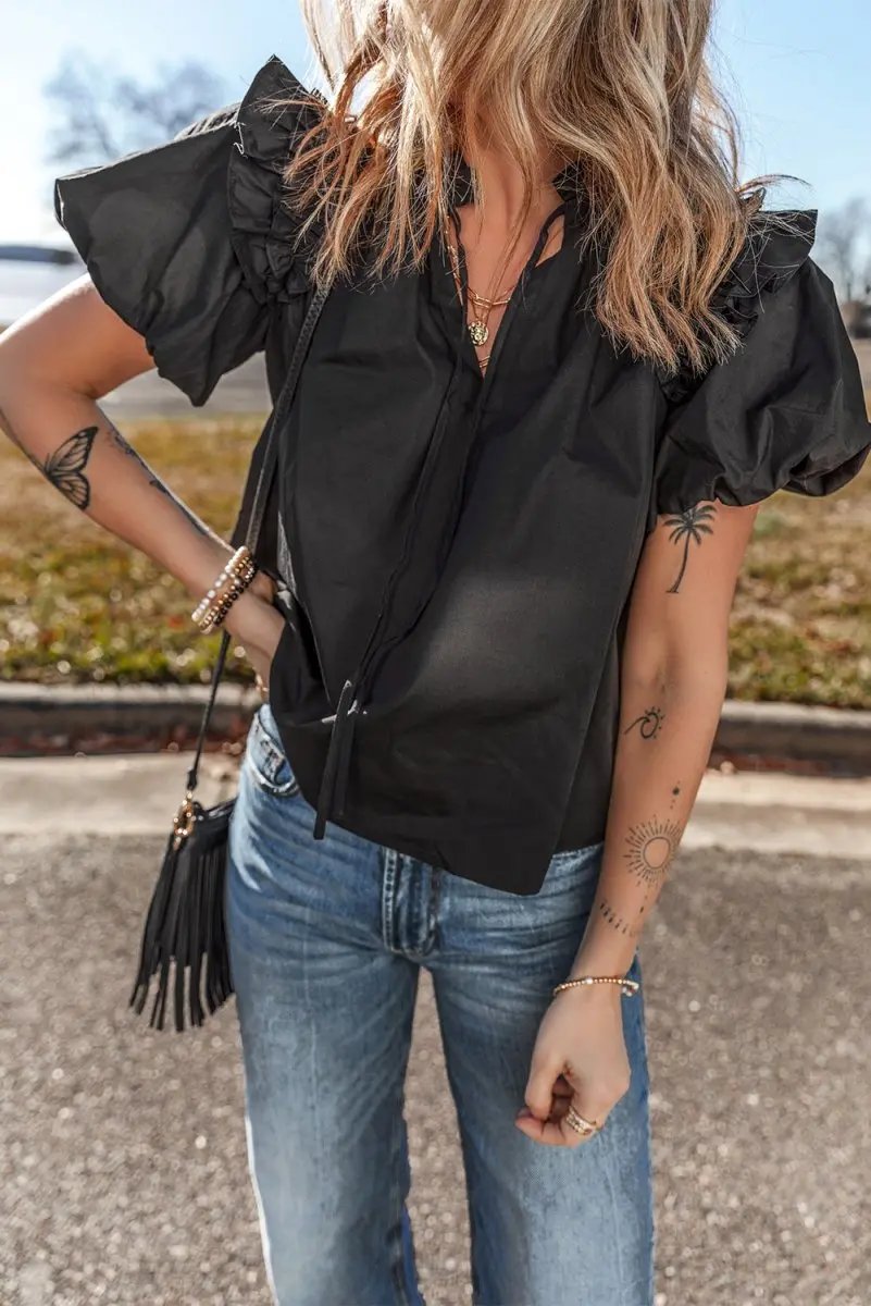 Tops/Blouses & Shirts Love Salve Black Ruffle Blouse Women's Daily Cotton Linen Top: Puff Sleeve, Southern Belle