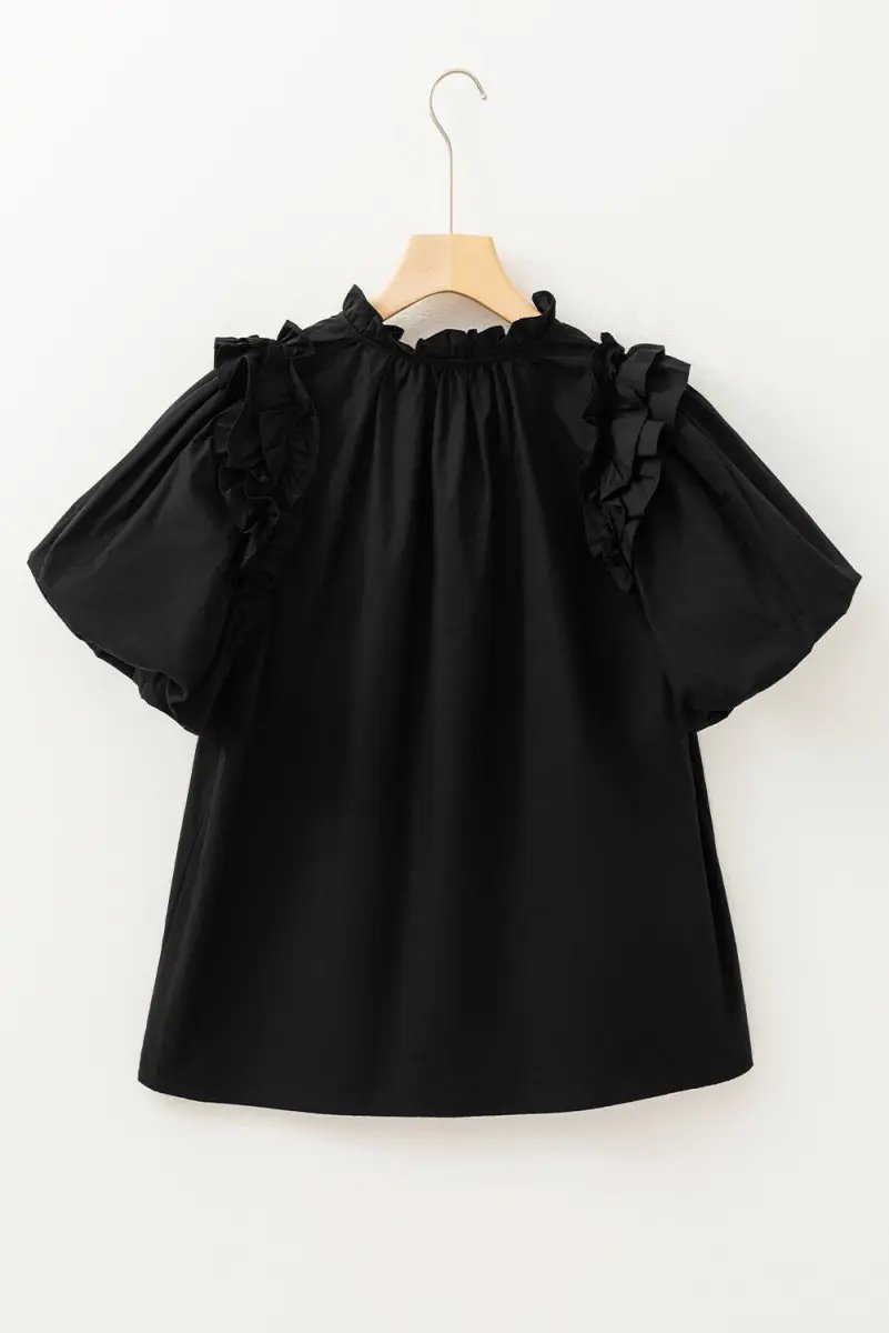 Tops/Blouses & Shirts Love Salve Black Ruffle Blouse Women's Daily Cotton Linen Top: Puff Sleeve, Southern Belle