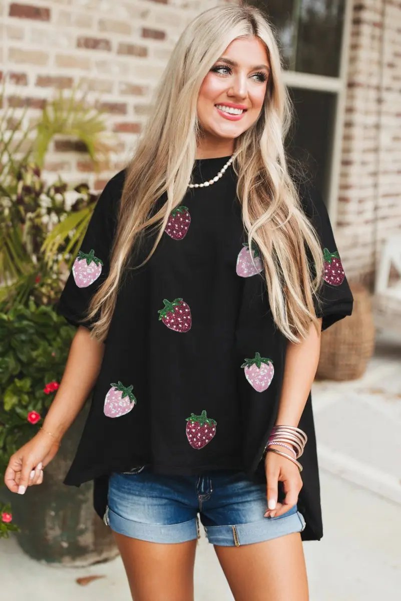 Women's Graphic Tee Women's Tee - Sequin Strawberry - Relaxed Fit