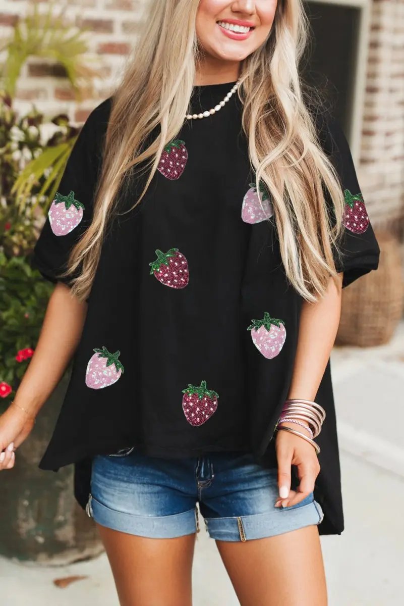 Women's Graphic Tee Women's Tee - Sequin Strawberry - Relaxed Fit