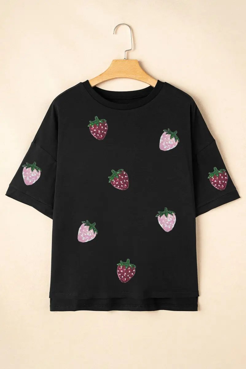 Women's Graphic Tee Women's Tee - Sequin Strawberry - Relaxed Fit