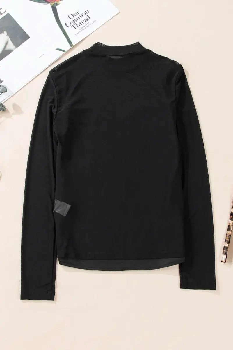 Love Salve Black Sequin Velvet Blouse — Sheer Mesh Night Out Top