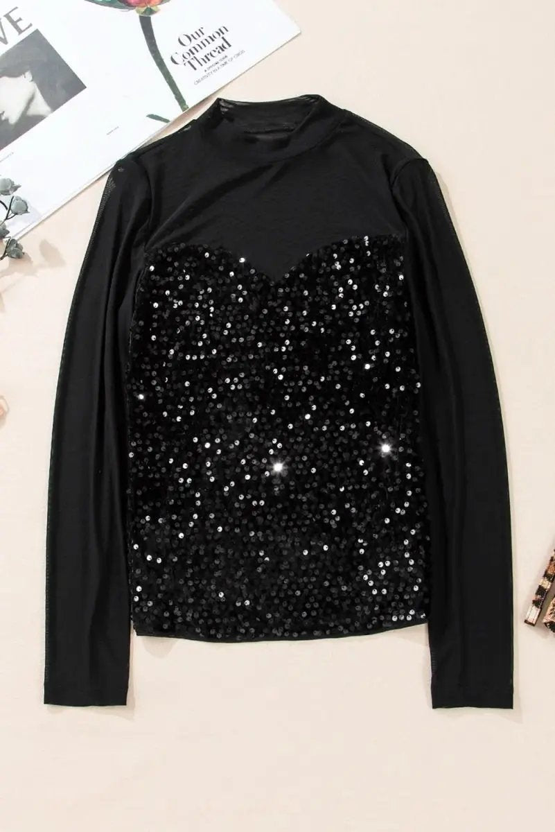 Love Salve Black Sequin Velvet Blouse — Sheer Mesh Night Out Top