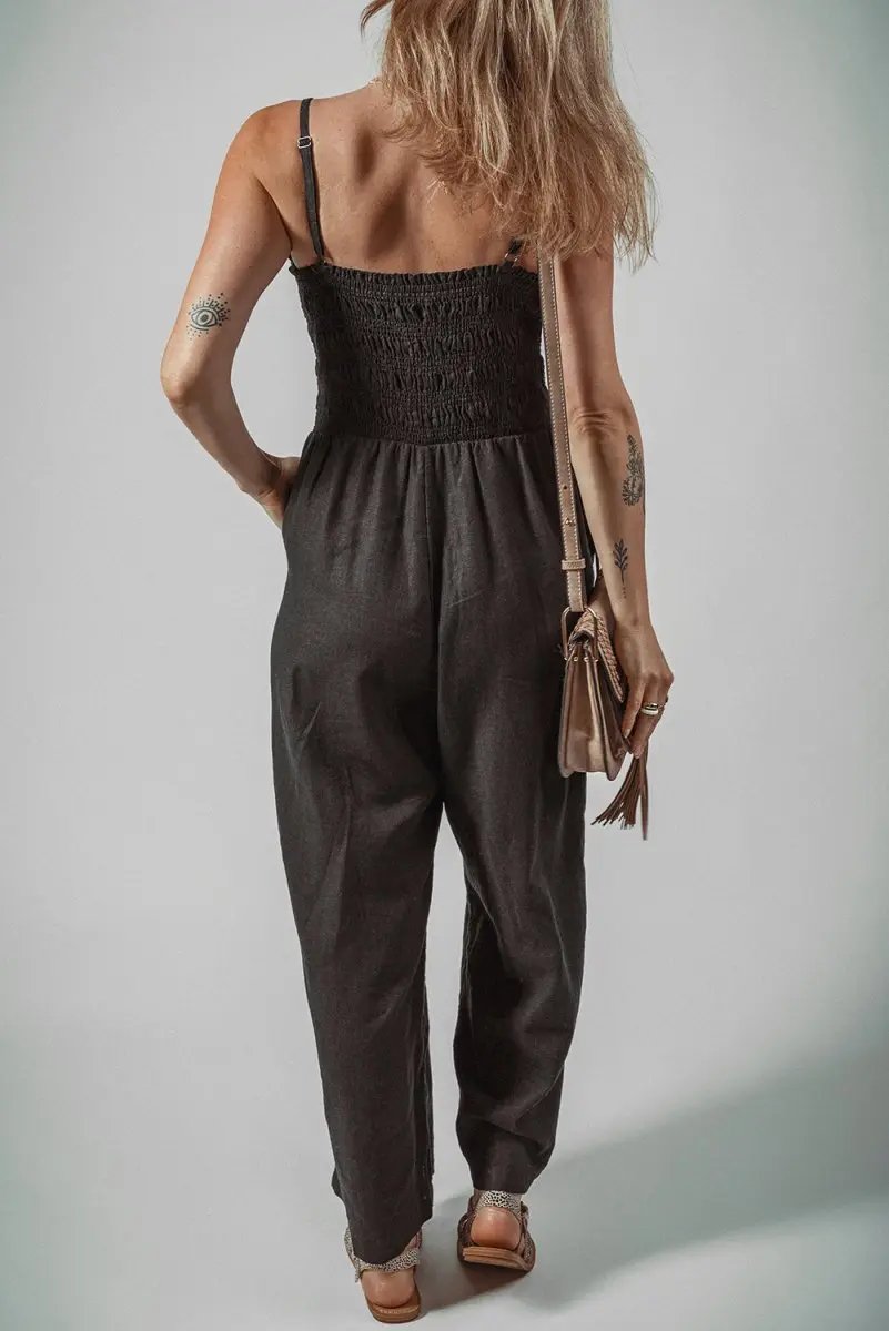 Accessories Love Salve Black Jumpsuit Women's Daily Wear Wide Leg Cotton Linen Casual Style with Pockets