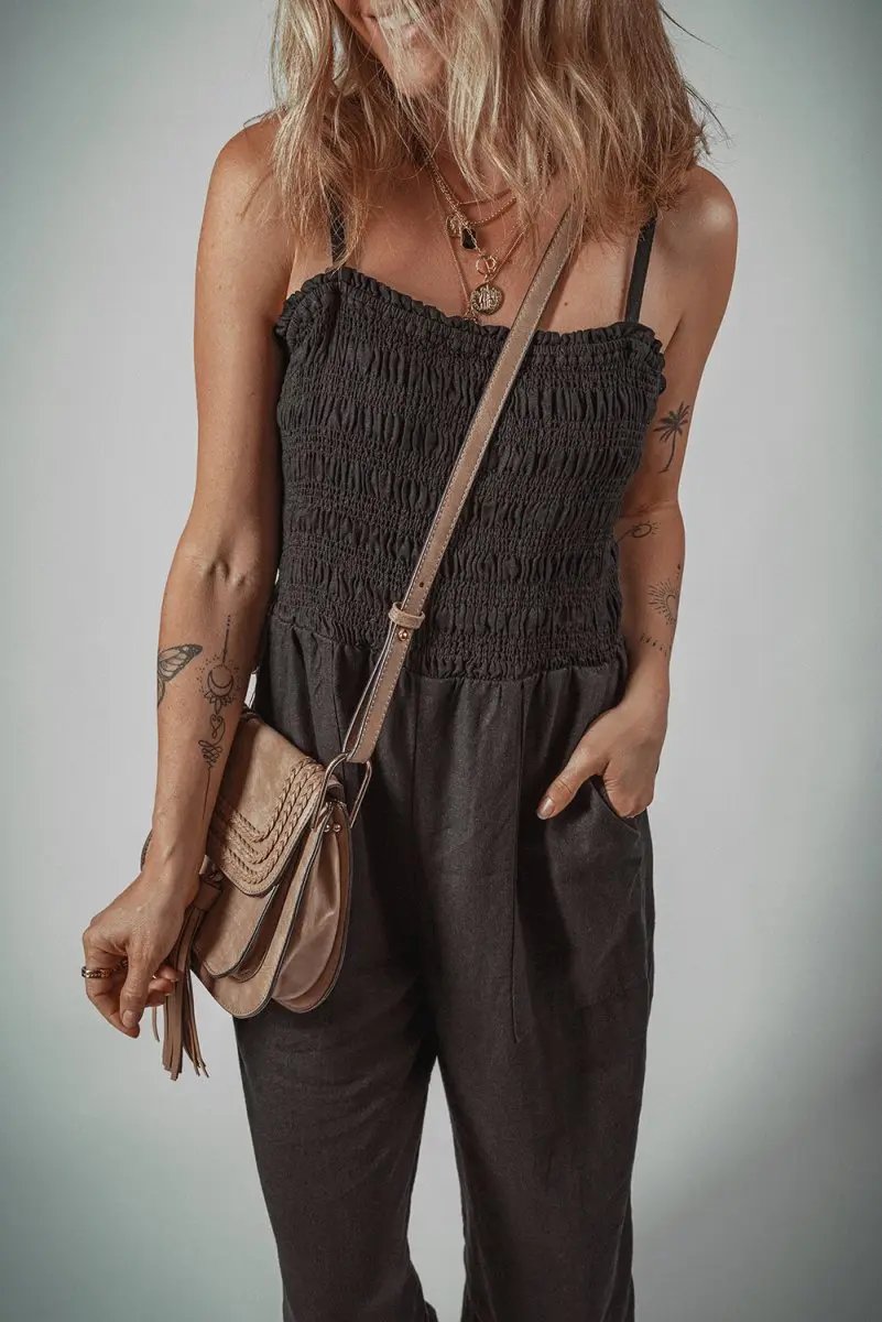 Accessories Love Salve Black Jumpsuit Women's Daily Wear Wide Leg Cotton Linen Casual Style with Pockets