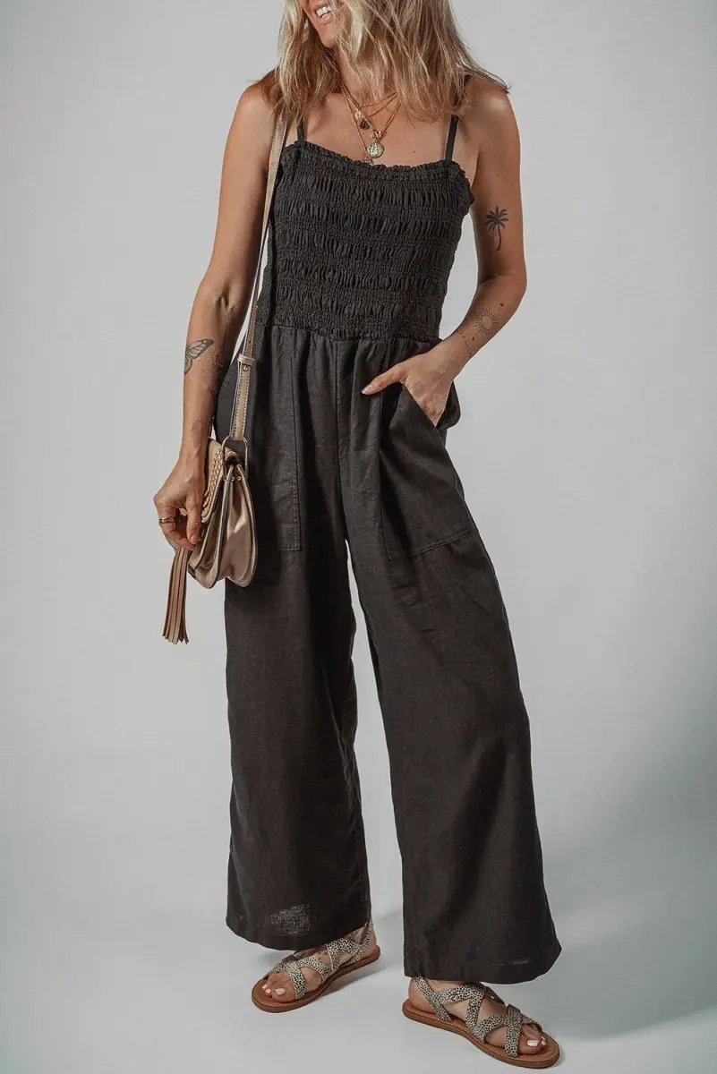 Accessories Love Salve Black Jumpsuit Women's Daily Wear Wide Leg Cotton Linen Casual Style with Pockets