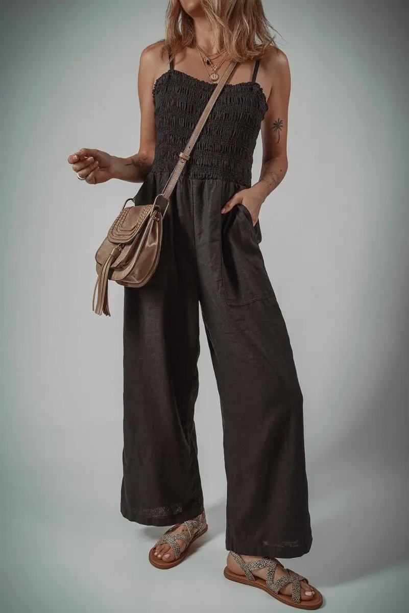 Accessories Love Salve Black Jumpsuit Women's Daily Wear Wide Leg Cotton Linen Casual Style with Pockets