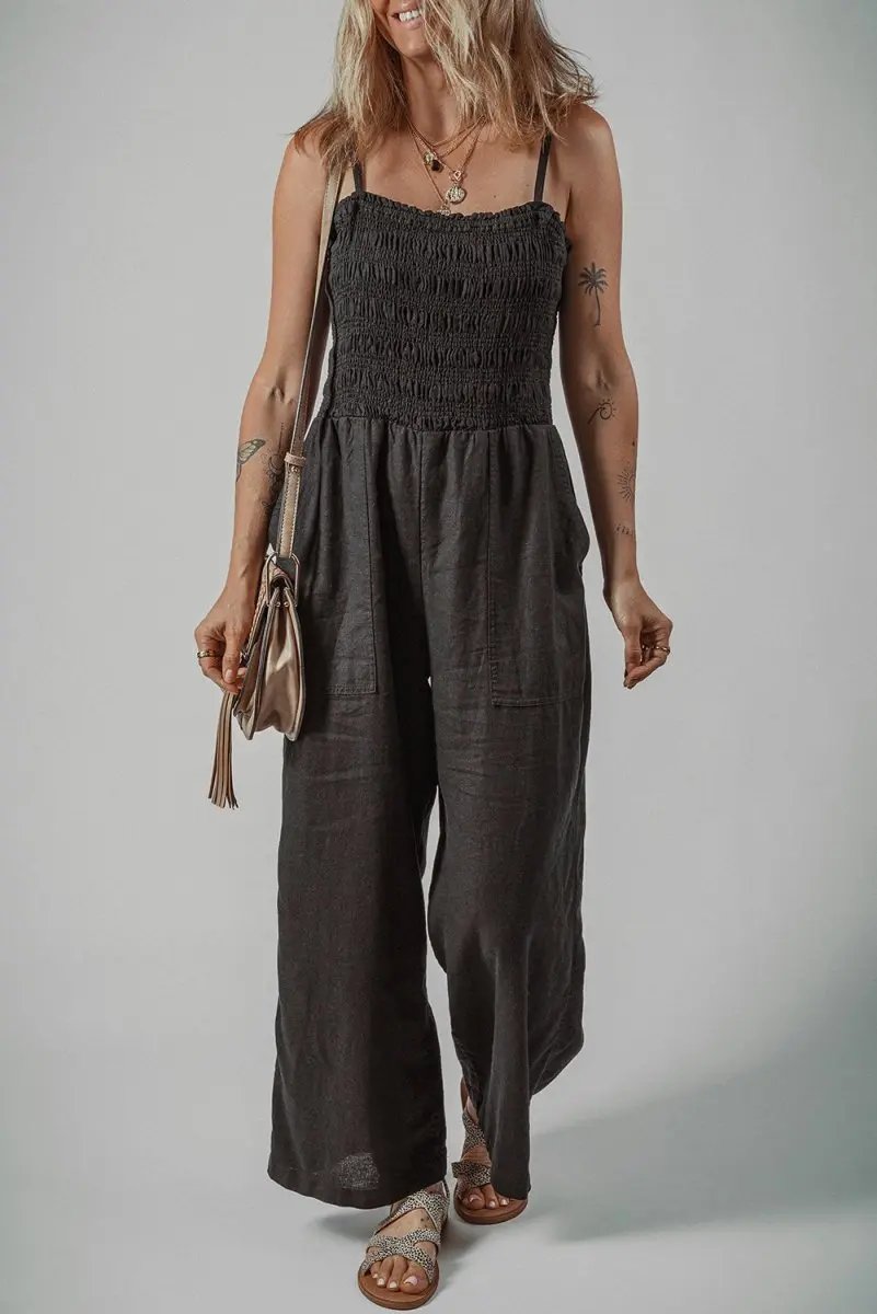 Accessories Love Salve Black Jumpsuit Women's Daily Wear Wide Leg Cotton Linen Casual Style with Pockets