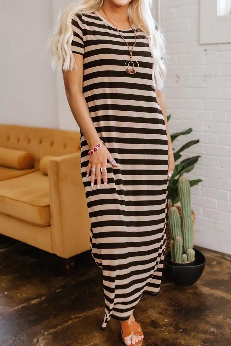 T-Shirts Love Salve Black Stripe Maxi Dress Women's Casual Summer Dress w/ Pockets