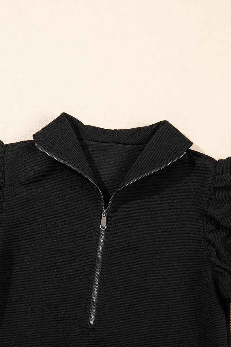 Love Salve Black Textured Set Women's Daily Wear Outfit: Ruffle Sleeves, Wide Leg Pants