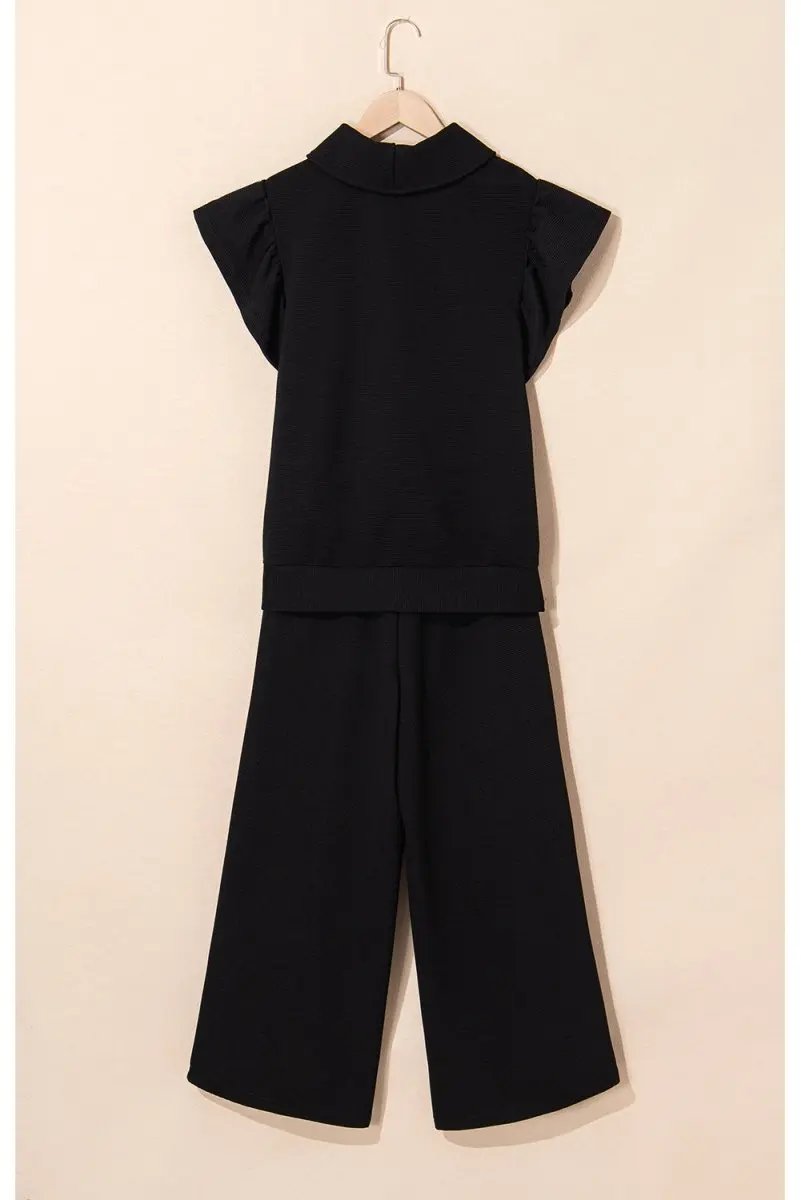 Love Salve Black Textured Set Women's Daily Wear Outfit: Ruffle Sleeves, Wide Leg Pants