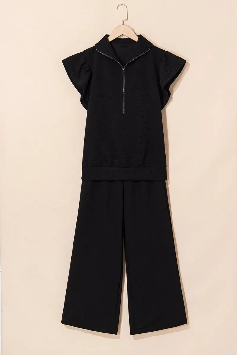 Love Salve Black Textured Set Women's Daily Wear Outfit: Ruffle Sleeves, Wide Leg Pants