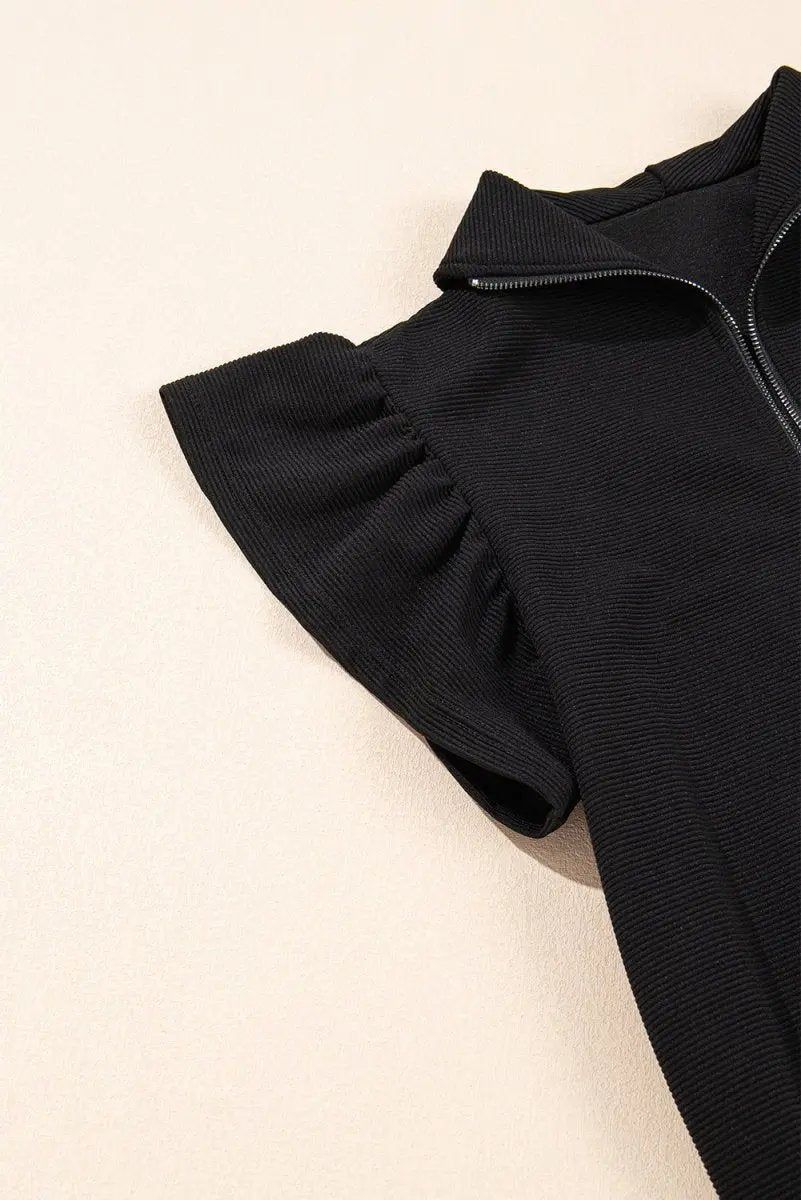 Love Salve Black Textured Set Women's Daily Wear Outfit: Ruffle Sleeves, Wide Leg Pants