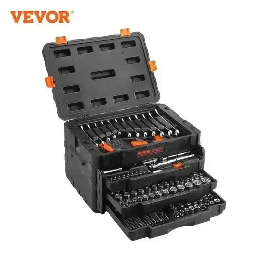Cofre de herramientas Vevor negro con cajones abiertos