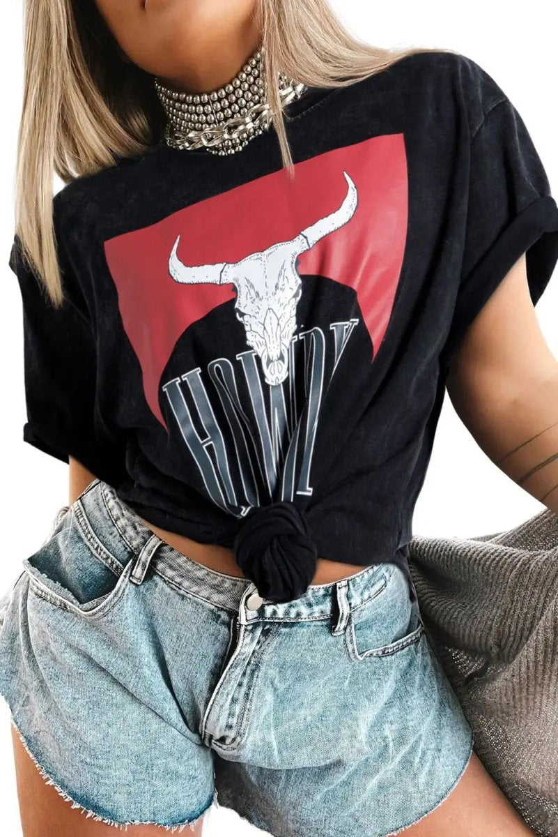 T-Shirts Love Salve Black Western Graphic Women's Tee Casual Top Side Slits Soft