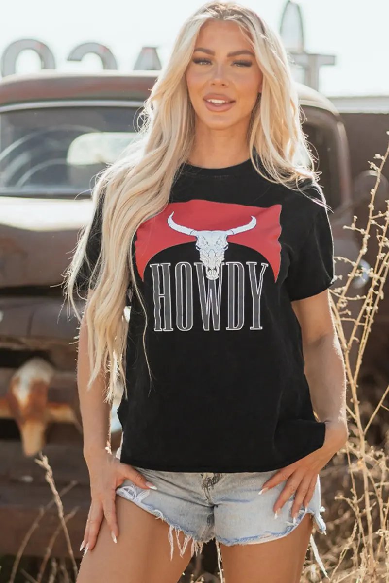 T-Shirts Love Salve Black Western Graphic Women's Tee Casual Top Side Slits Soft