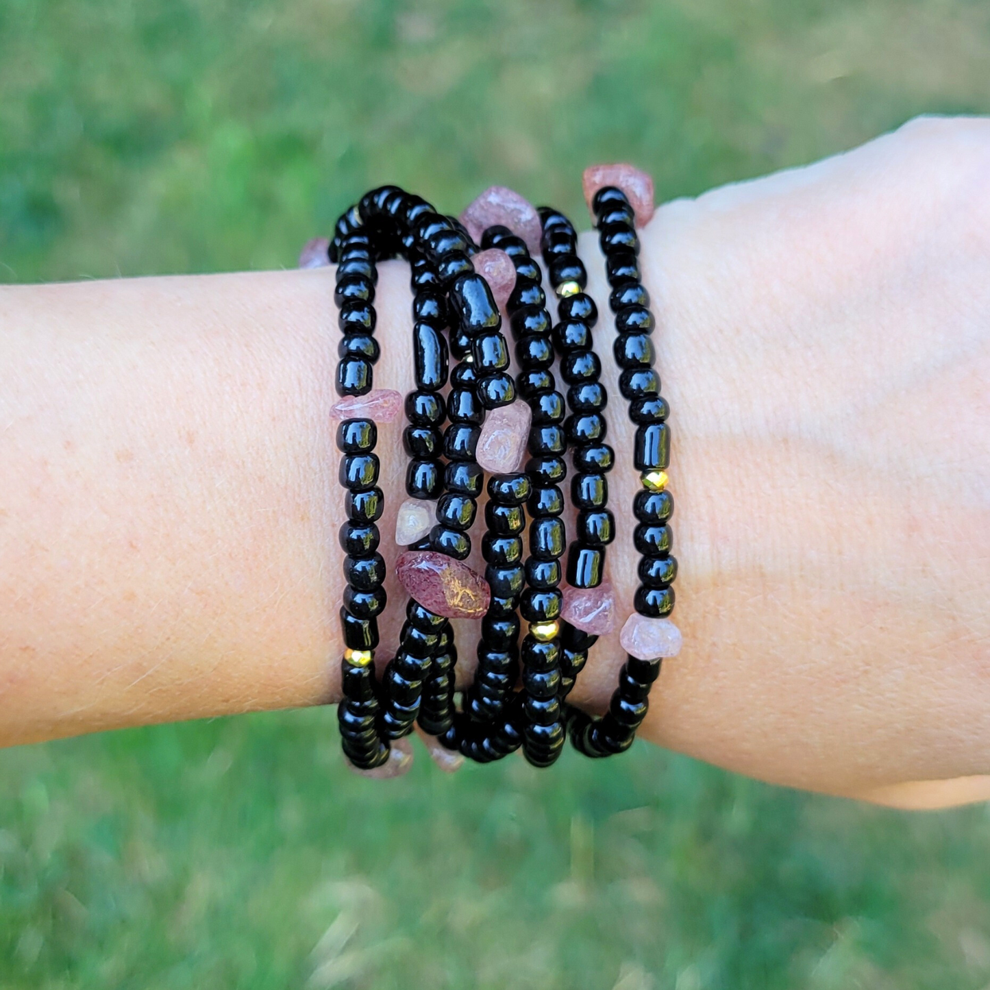 Boho Black Beauty Wrap Bracelet With Strawberry Quartz Stones