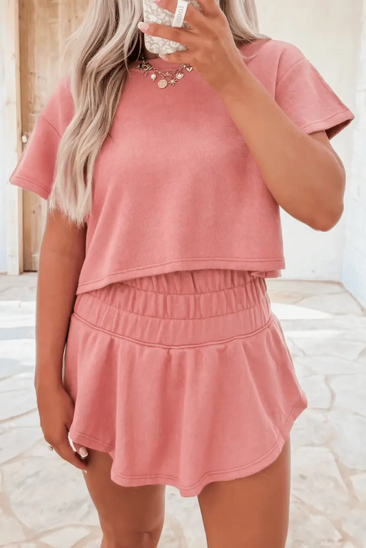 T-Shirts Love Salve Pink Skort Set Women's Daily Wear Outfit Casual, Cropped Tee & Ruffle Skort, Summer Ready