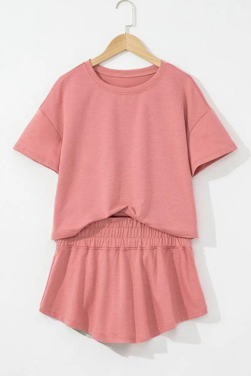 T-Shirts Love Salve Pink Skort Set Women's Daily Wear Outfit Casual, Cropped Tee & Ruffle Skort, Summer Ready