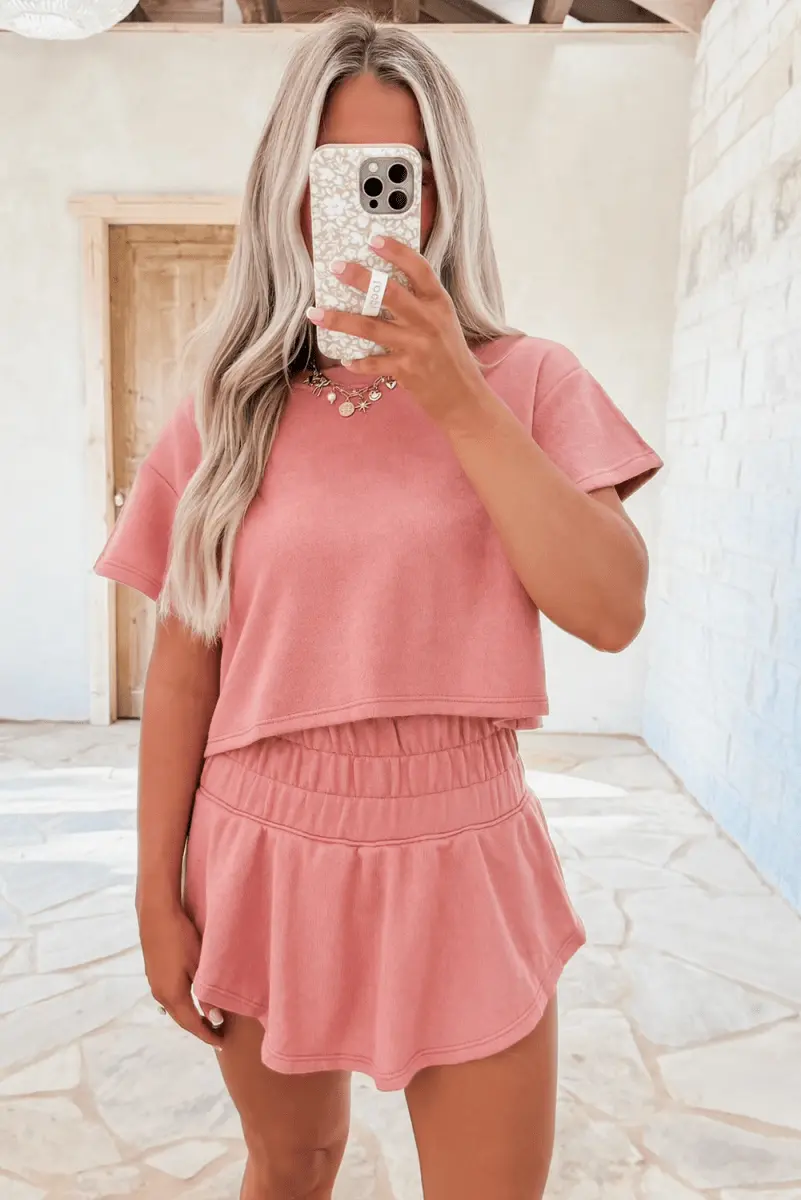 T-Shirts Love Salve Pink Skort Set Women's Daily Wear Outfit Casual, Cropped Tee & Ruffle Skort, Summer Ready