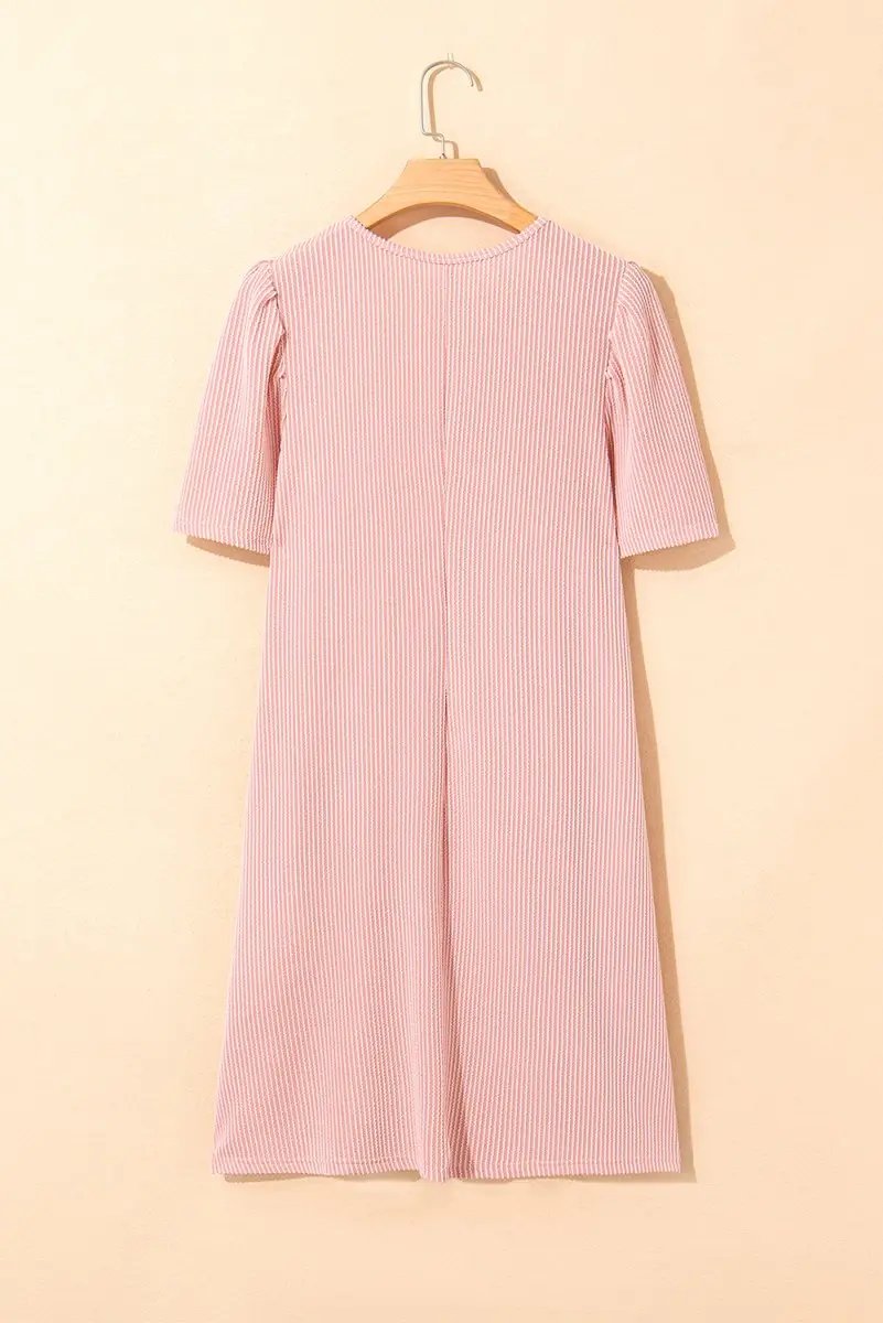 Sweaters Love Salve Pink Corded Knit Dress Women's Daily Mini Dress Puff Sleeve Casual
